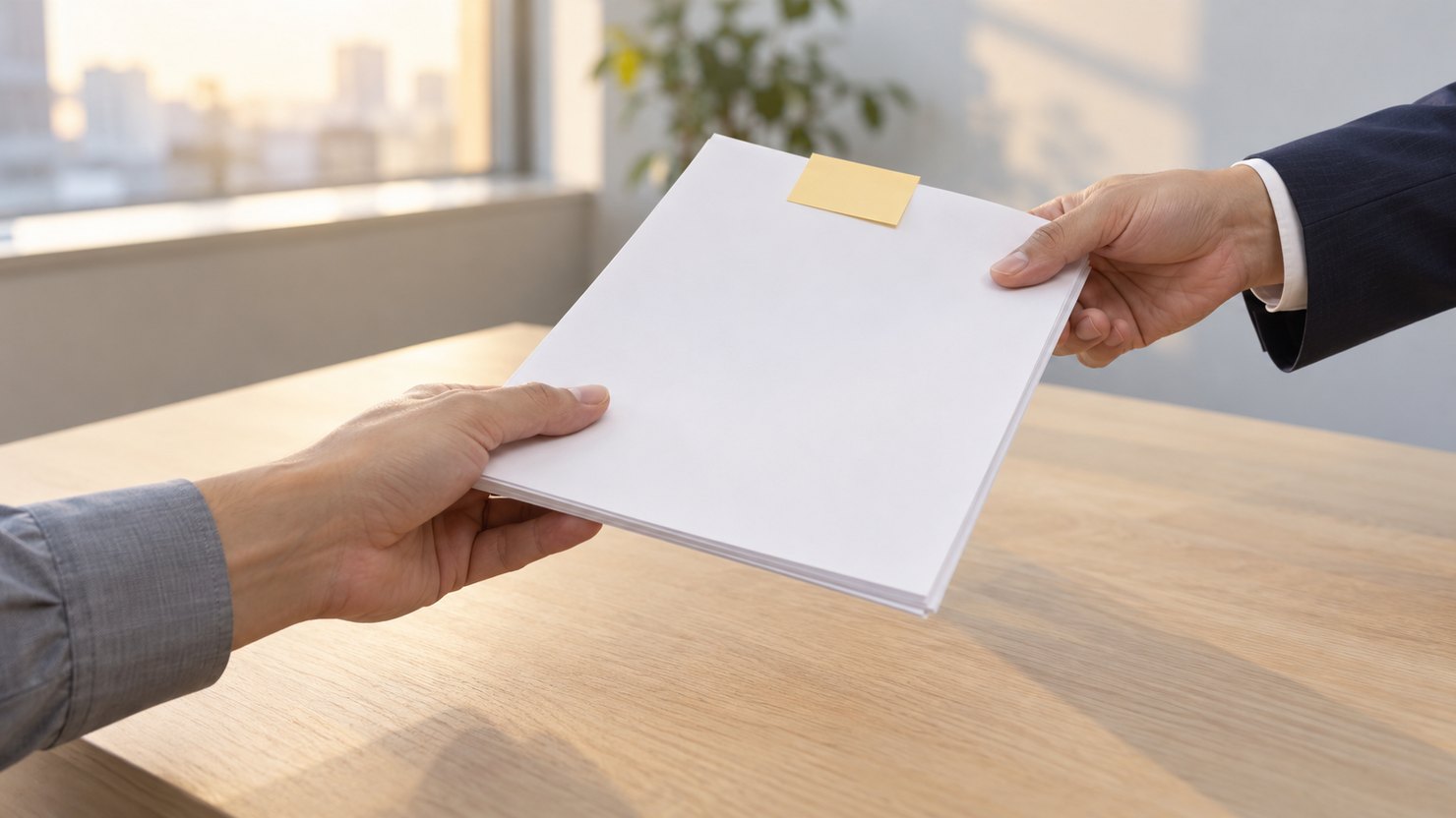 明るい部屋で、付箋の付いた書類の束を2人の手が受け渡す