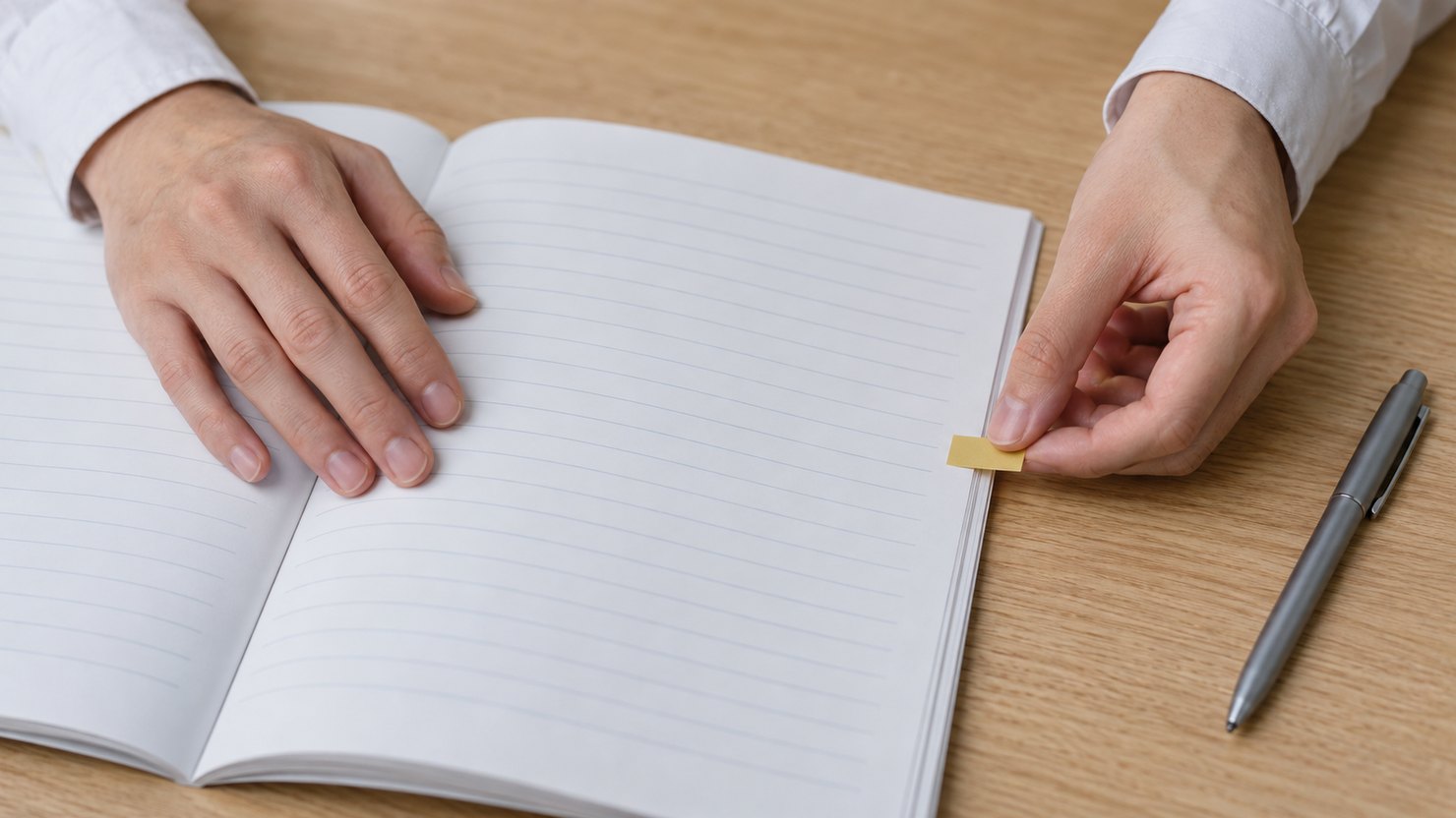 机で、開いた罫線だけの冊子のページ端に細い付箋を貼る手元