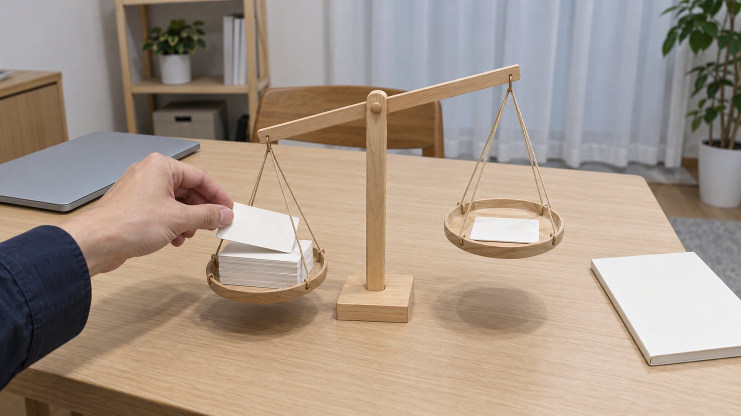 明るい机で、傾いた木製の天秤の重い側の皿にカードを載せる手