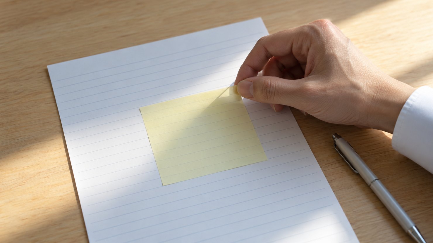 机で、罫線の書類に貼った付箋の端をめくる手元、右にペン