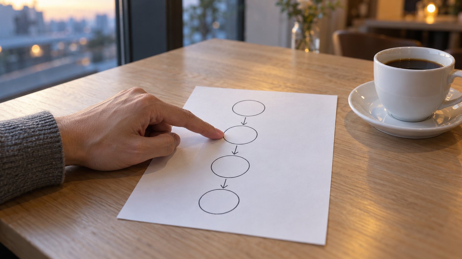 夕方のカフェで、紙に縦に描いた4つの丸と矢印の2つ目を指す手