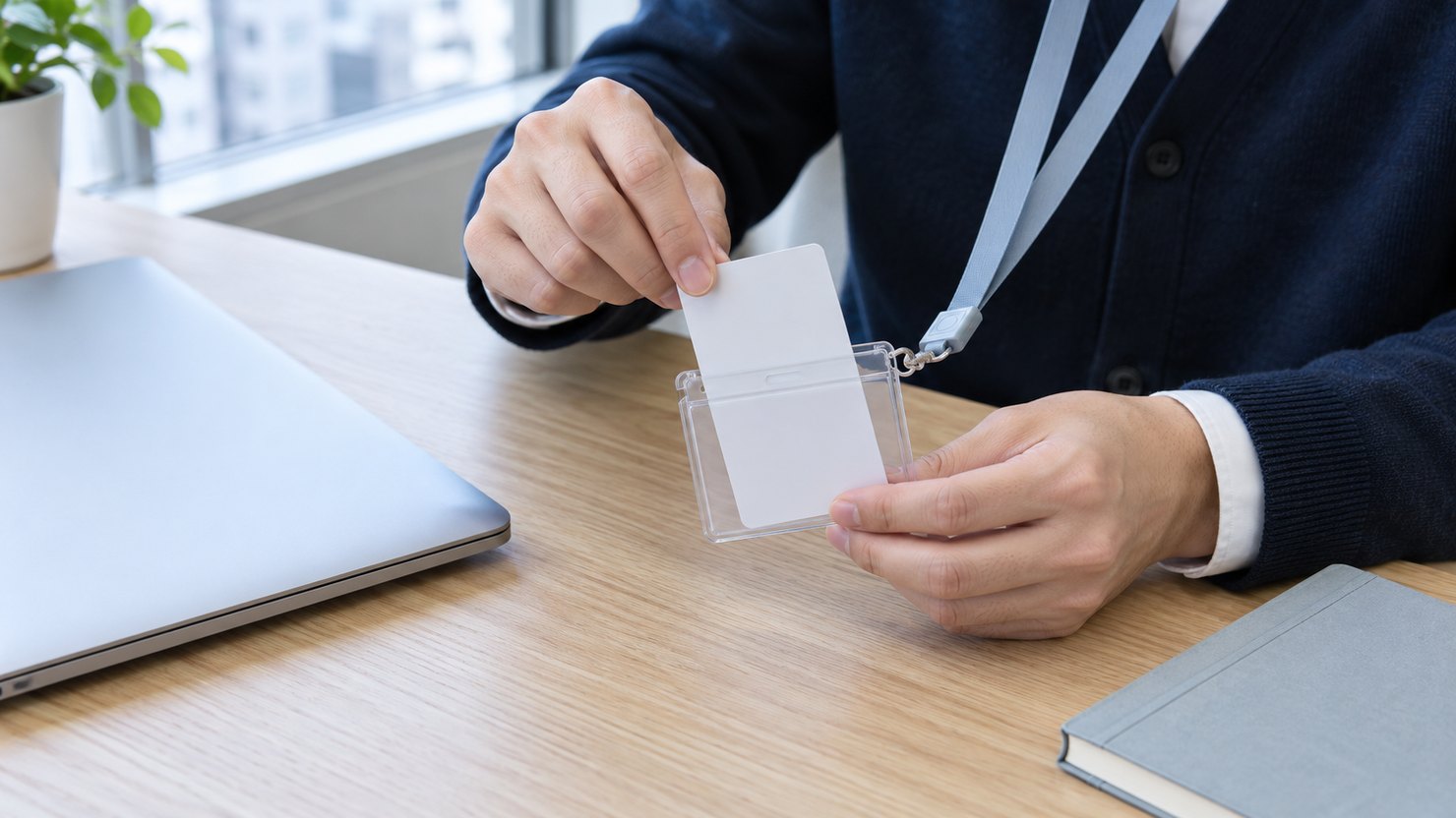 明るい机で、無地のカードを透明なカードホルダーに差し込む手元、左に閉じたノートパソコン
