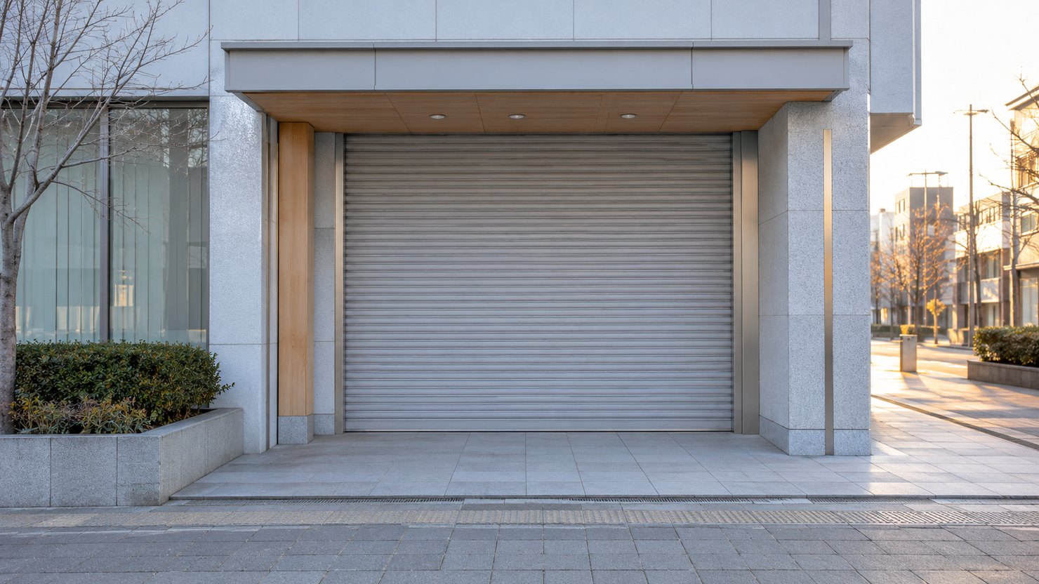 冬の夕方の歩道に面した、シャッターの下りた建物の入口