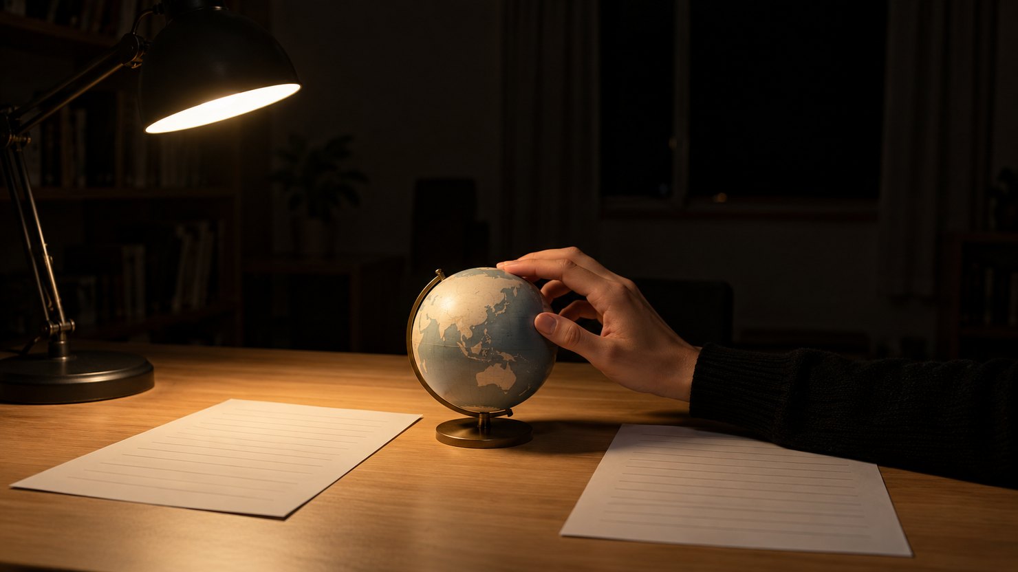 夜の暗い書斎で、デスクライトに照らされた小さな地球儀に手を添え、左右に罫線の書類
