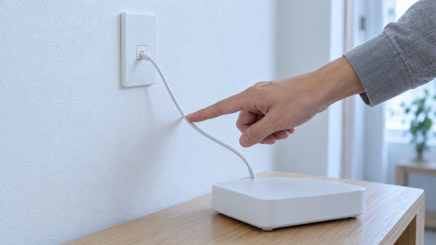 白い壁の差込口からルーターへ伸びる白いケーブルを指でたどる