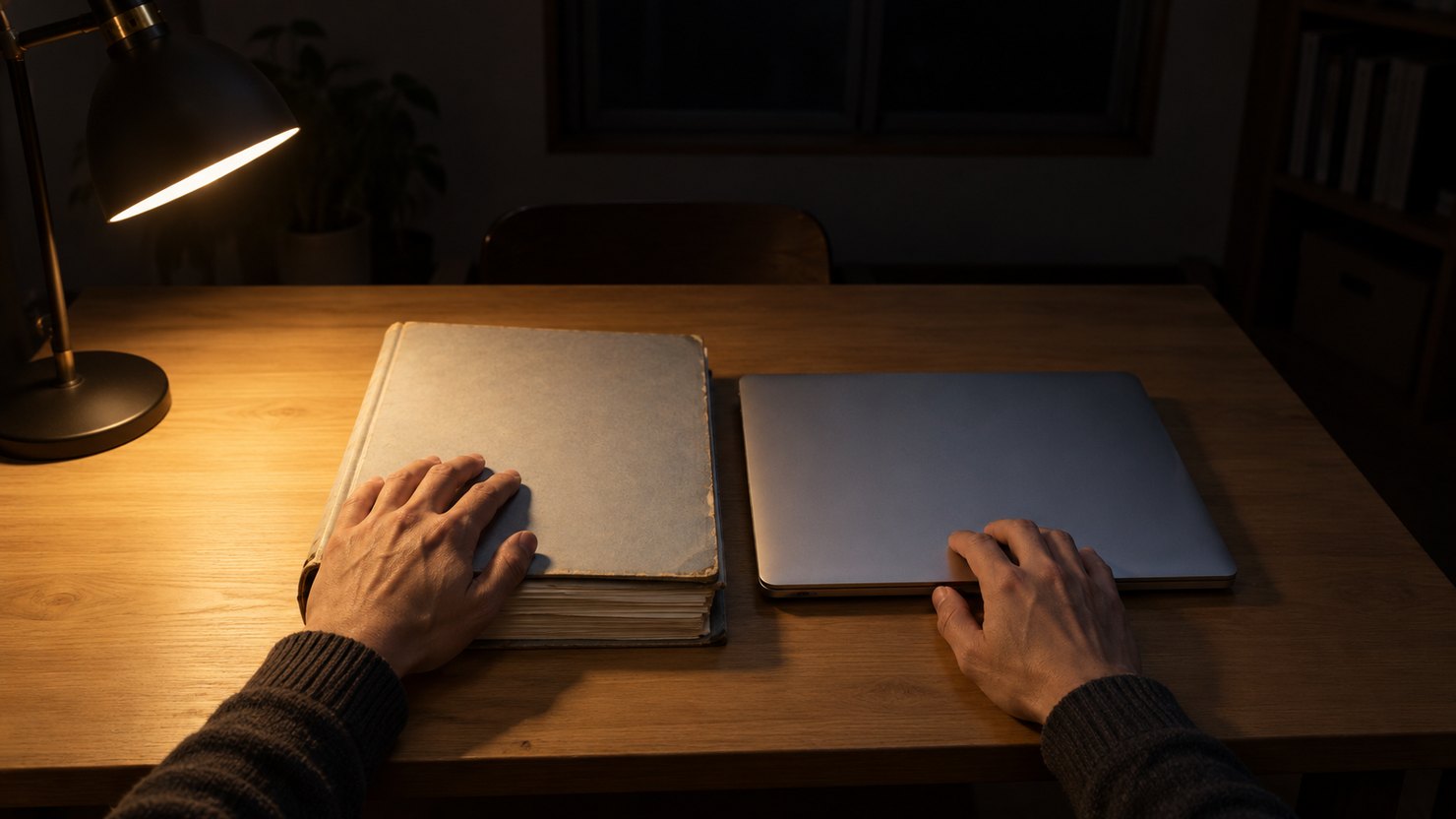 夜の暗い書斎で、デスクライトの下の古い分厚いファイルと閉じたノートパソコンに両手を置く