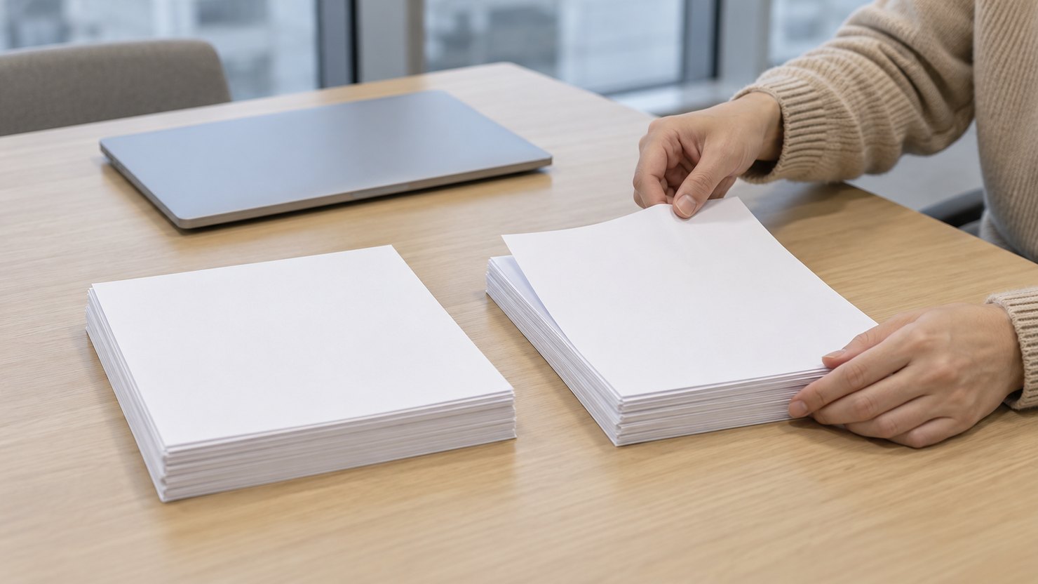 午後のオフィスの打ち合わせ机で、無地の書類を左右2つの山に仕分ける手元。奥に閉じたノートパソコン