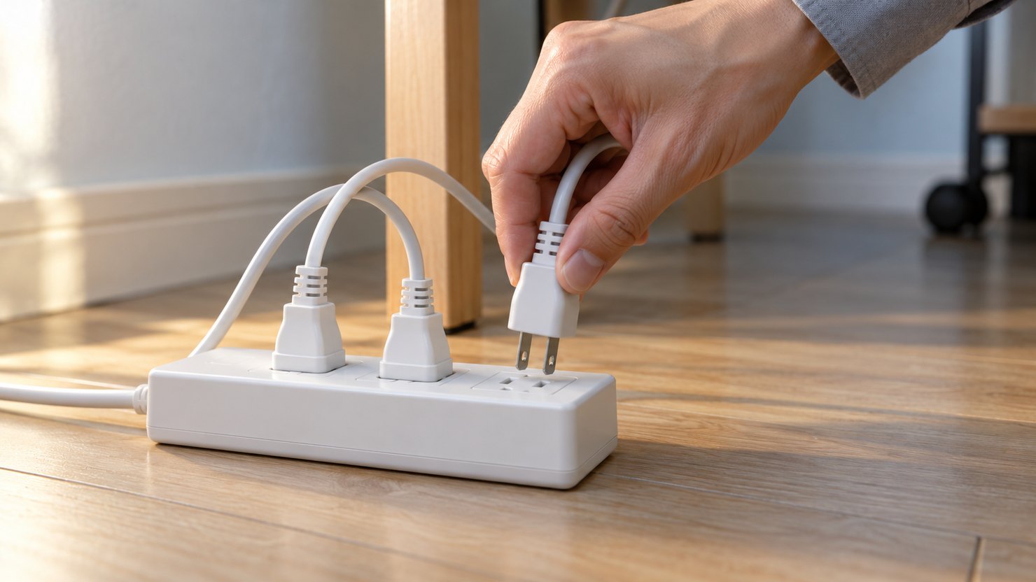 机の足元で、白い電源タップに挿した3本のうち1本のプラグを抜く手