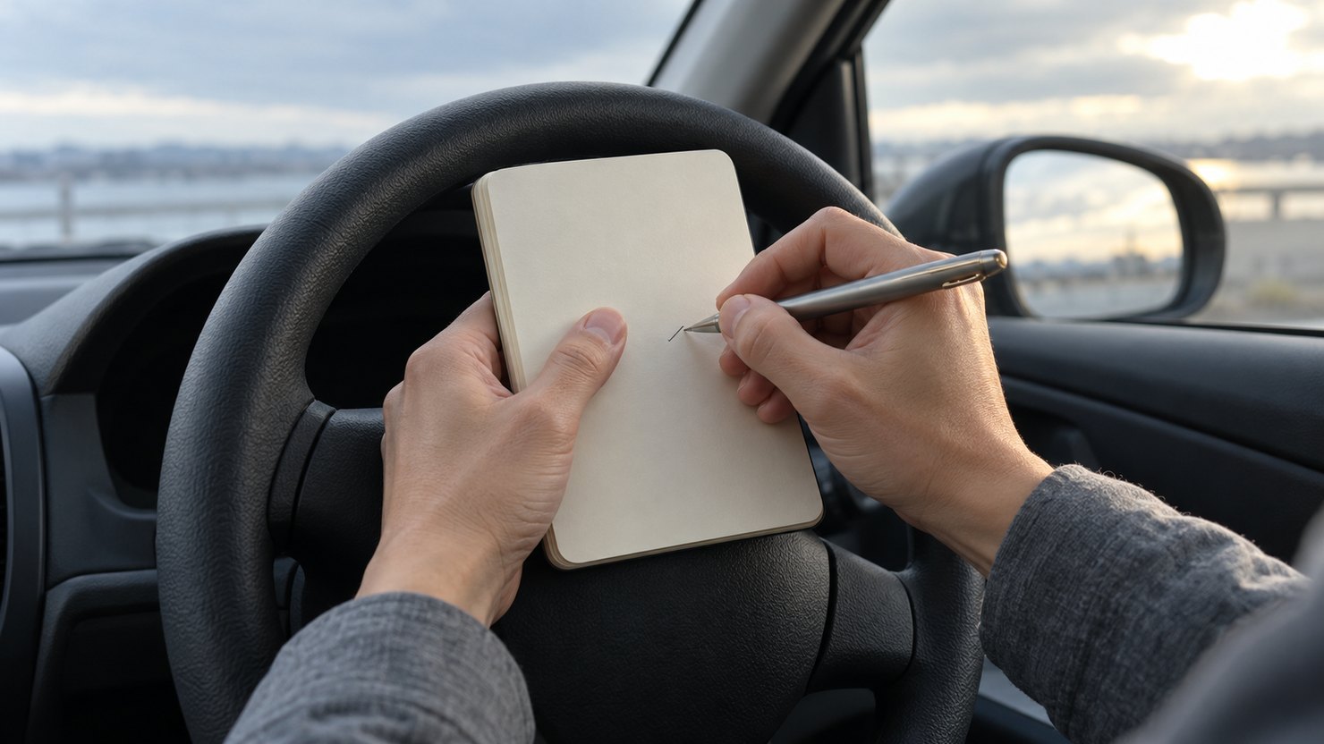 曇りの午後に駐車した車の運転席で、ハンドルの上で無地の小さなノートに1行書き込む手元
