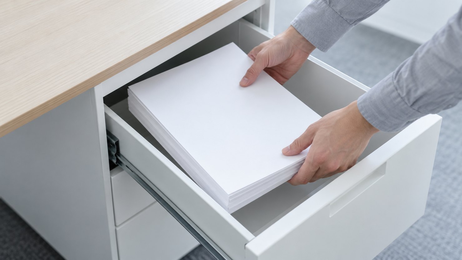 オフィスの白い引き出しに、無地の書類の束を戻す両手