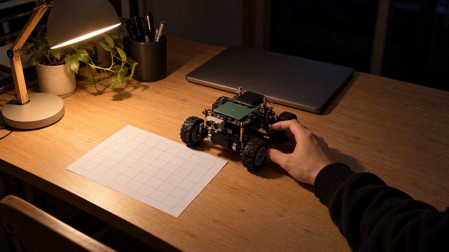夜の暗い部屋のデスクライトの下で、小さな4輪の開発用ロボット台車に手を添え、横に升目の紙