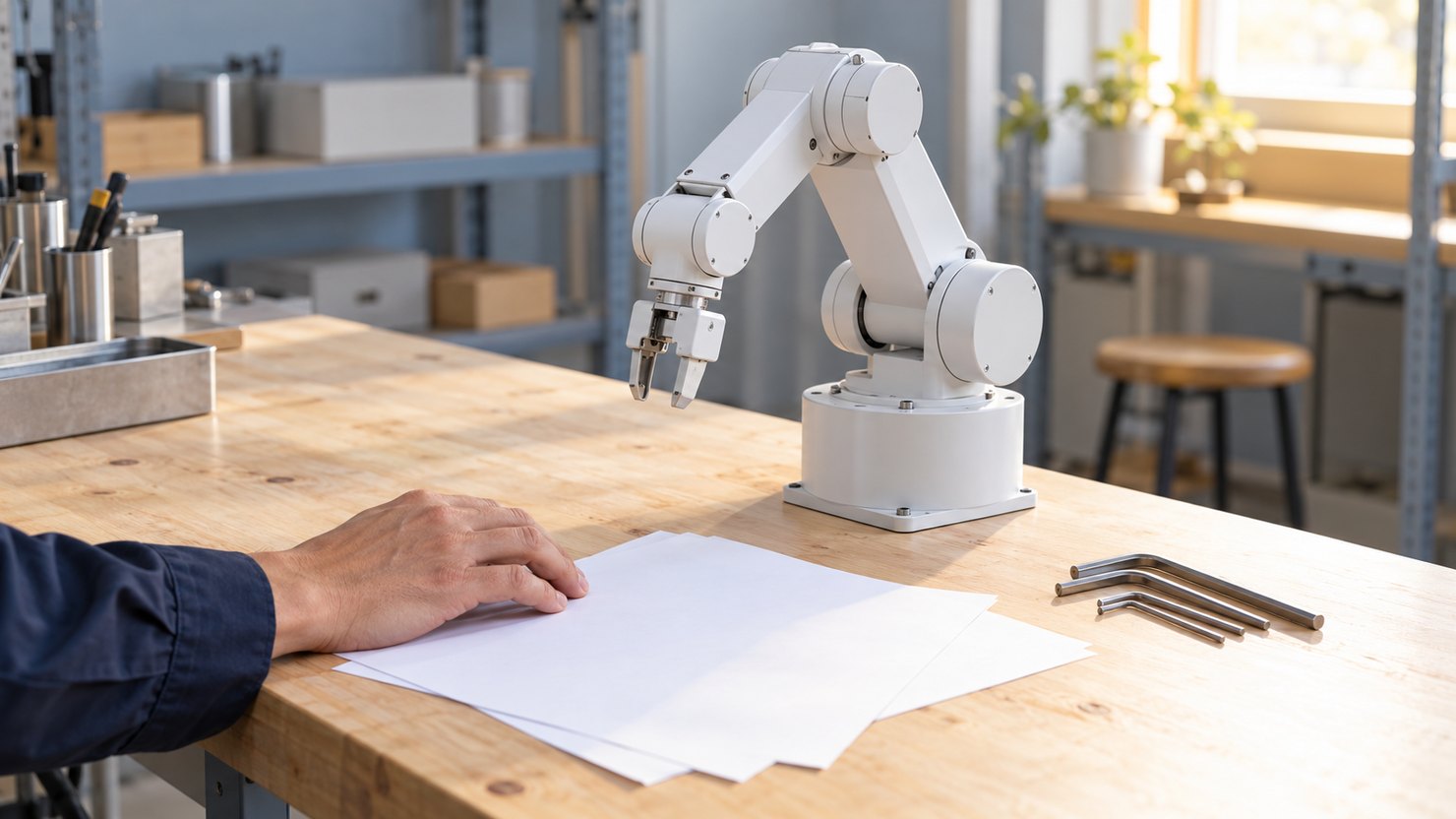 明るい町工場の作業台に止まった白い小型ロボットアームと六角レンチ。手前の書類に手を置く