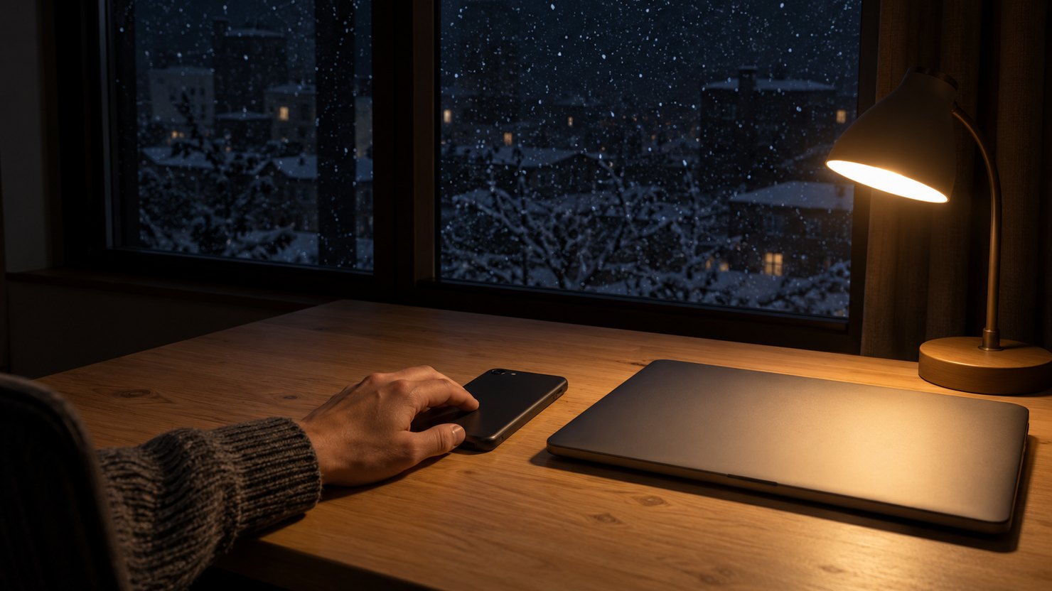 冬の夜、雪の降る窓の前の机でデスクライトだけが灯り、伏せたスマートフォンに手を添える