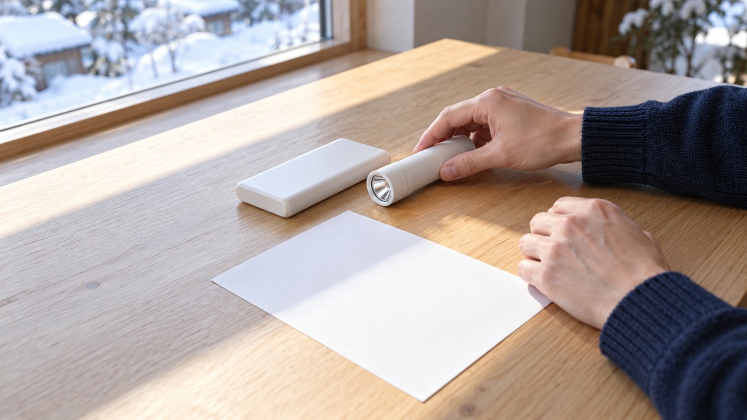 雪景色の見える明るい机で、無地の懐中電灯とモバイルバッテリーを並べ、手前に無地のメモ