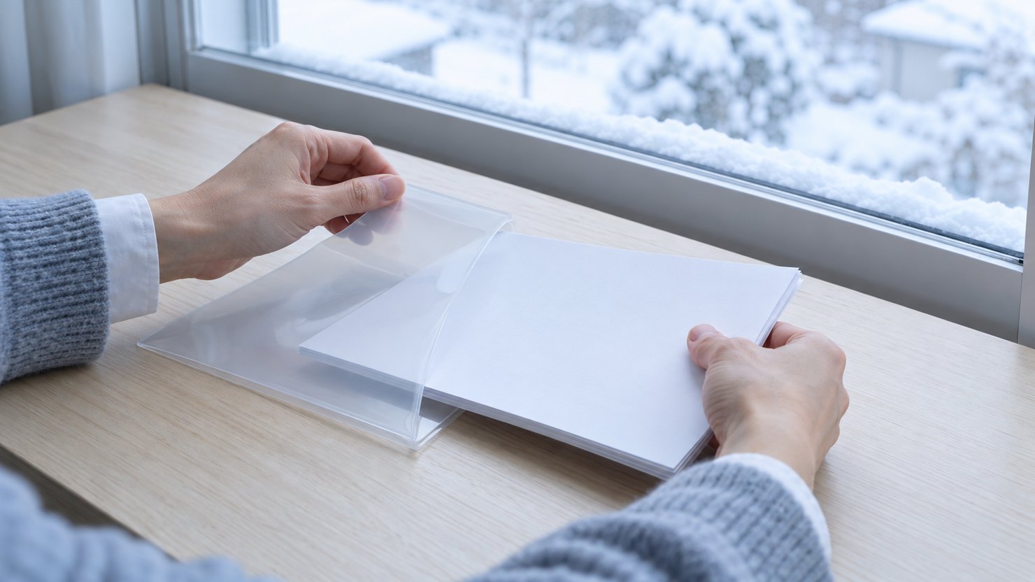 雪の積もった窓辺の明るい机で、無地の書類の束をクリアファイルに入れる両手
