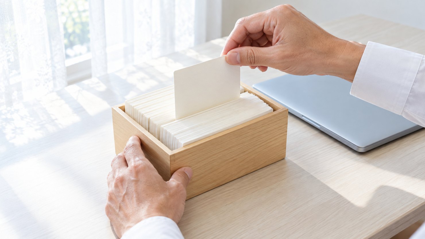 白く明るい部屋の机で、無地のカードが詰まった木のカードボックスから1枚を引き出す手