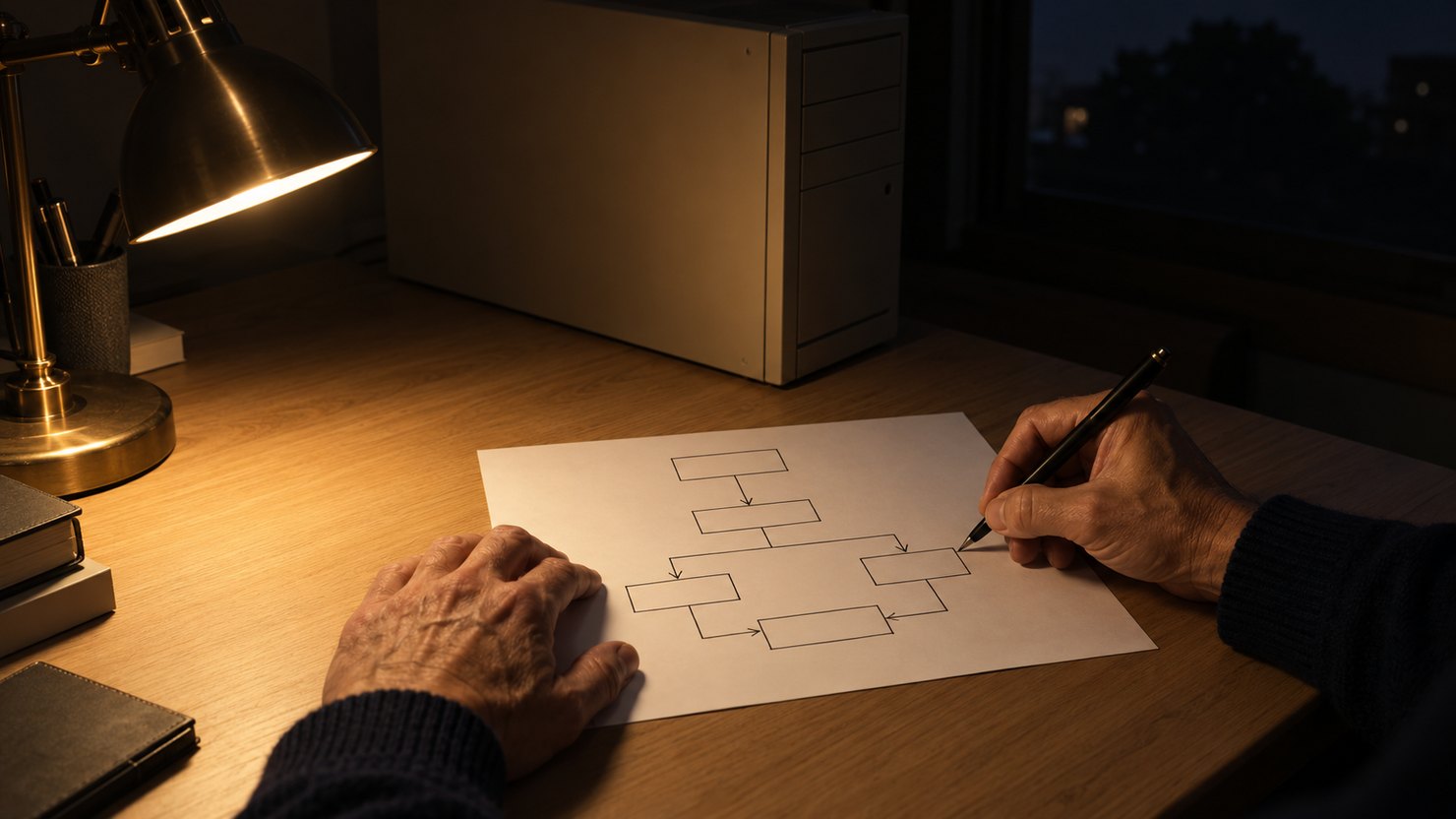 夜の暗い書斎のデスクライトの下で、無地の紙に四角と矢印だけの流れ図を描き起こす手元。奥に古いタワー型パソコン