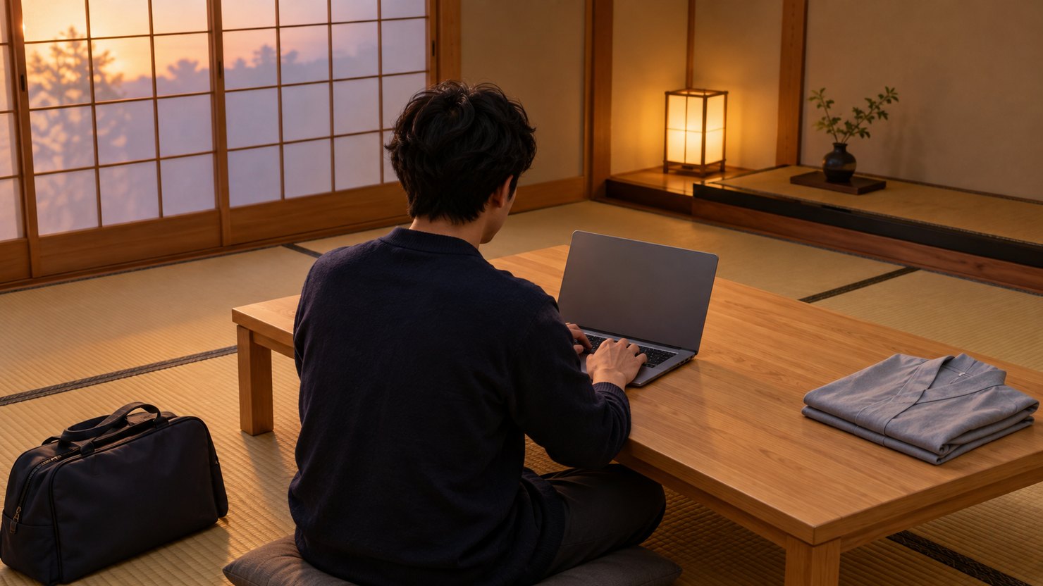 夕方の旅館の和室で、座卓のノートパソコンに向かう後ろ姿。畳んだ浴衣と畳の上の旅行かばん、障子越しの夕日