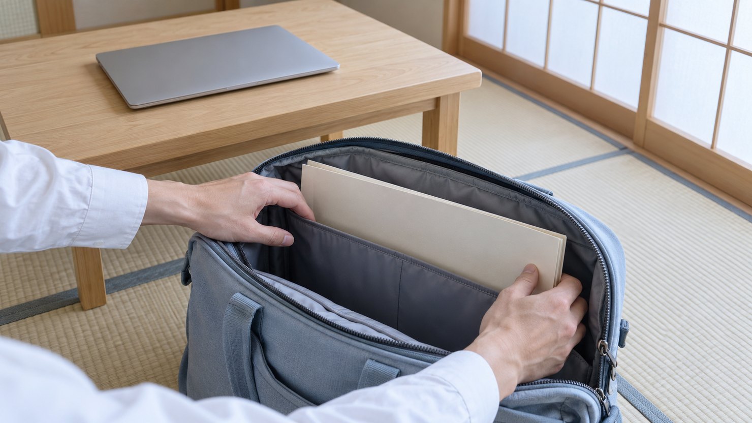 和室で、無地の書類ばさみを旅行かばんの内ポケットにしまう手元。奥の座卓に閉じたノートパソコン