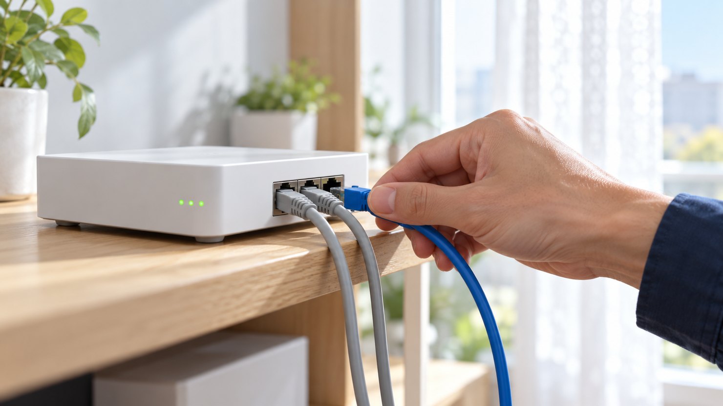 明るい窓際の棚で、緑のランプが点く白い小型のネットワーク機器に青いLANケーブルを差し込む手