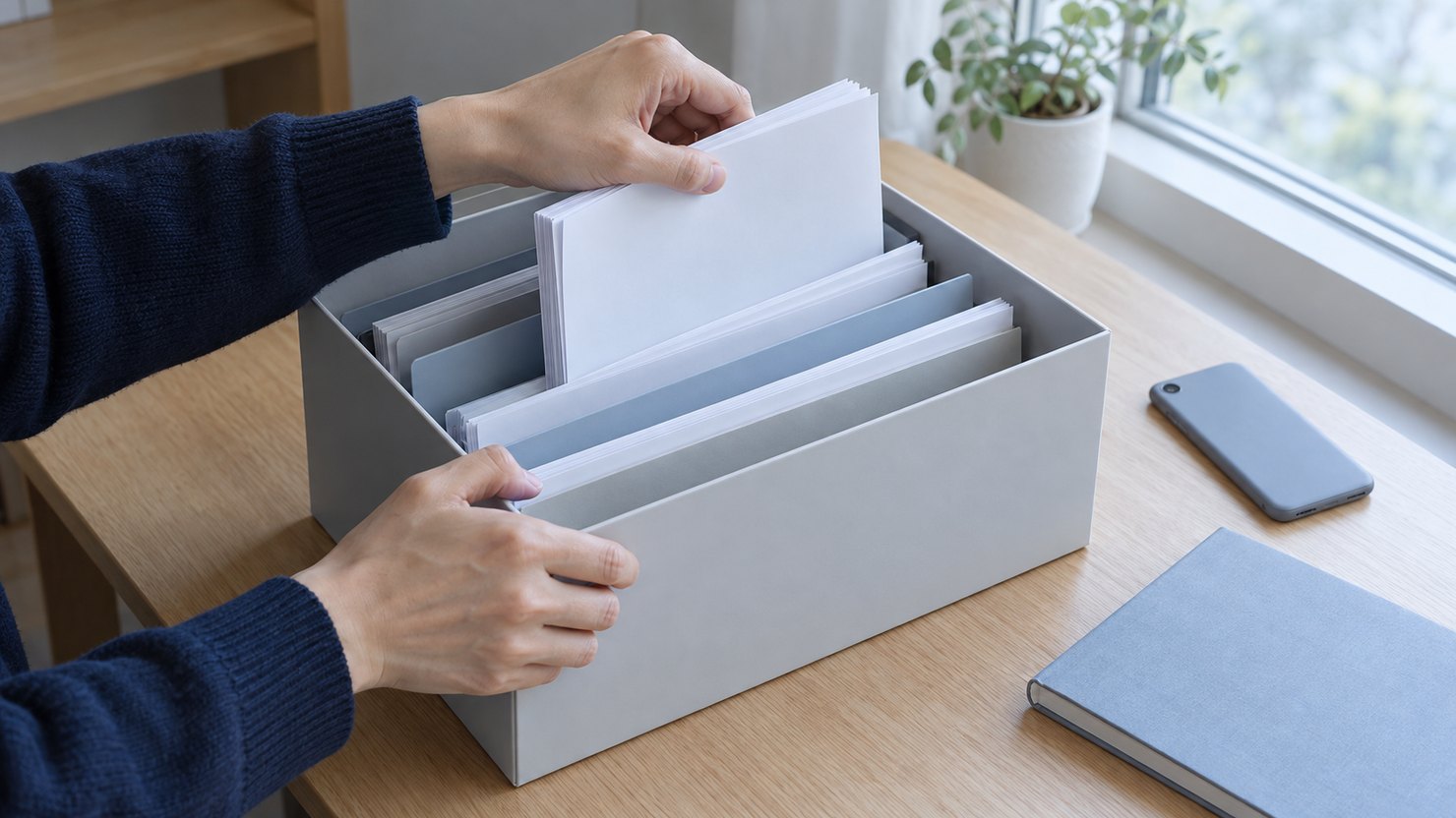曇りの窓際の机で、仕切りのある書類箱から無地の書類の束を引き出す手元。横に伏せたスマートフォンと手帳