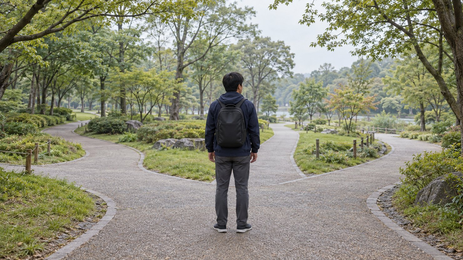 朝の公園で遊歩道が分かれる手前に立ち、進む道を見比べる後ろ姿の人物
