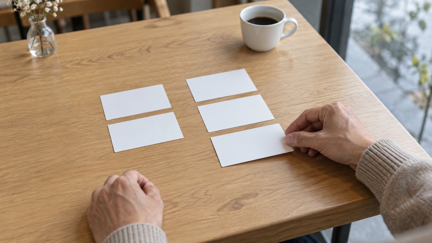 カフェの木のテーブルで無地の白いカードを2つの列に並べ分ける手