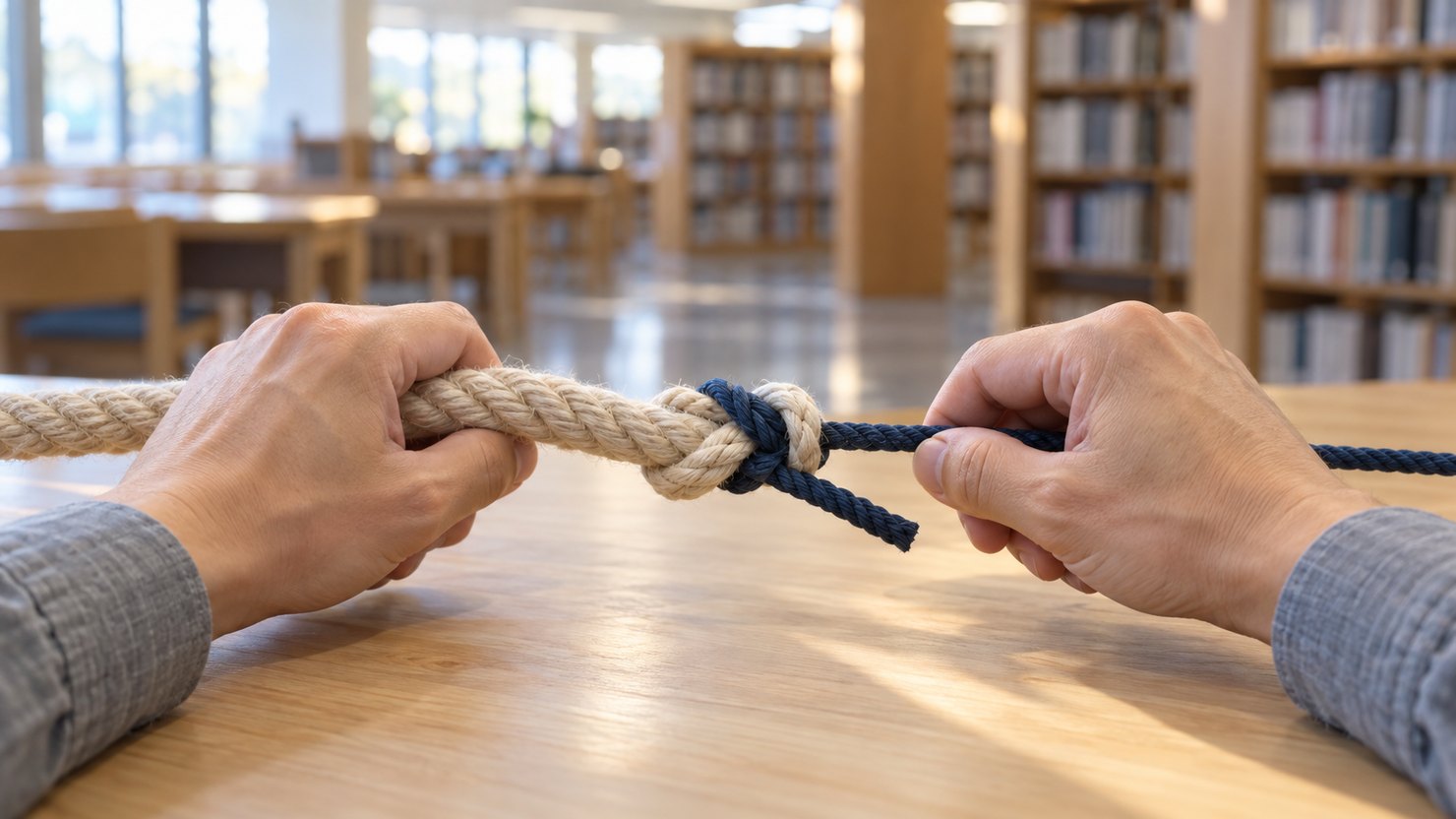 図書館の机で生成りと紺の2本のロープを1本に結び合わせる両手