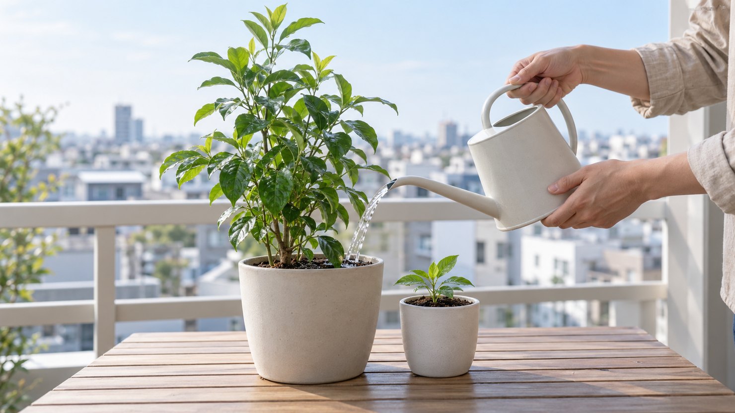 ベランダで背の高い鉢植えと小さな苗の鉢にじょうろで水をやる手