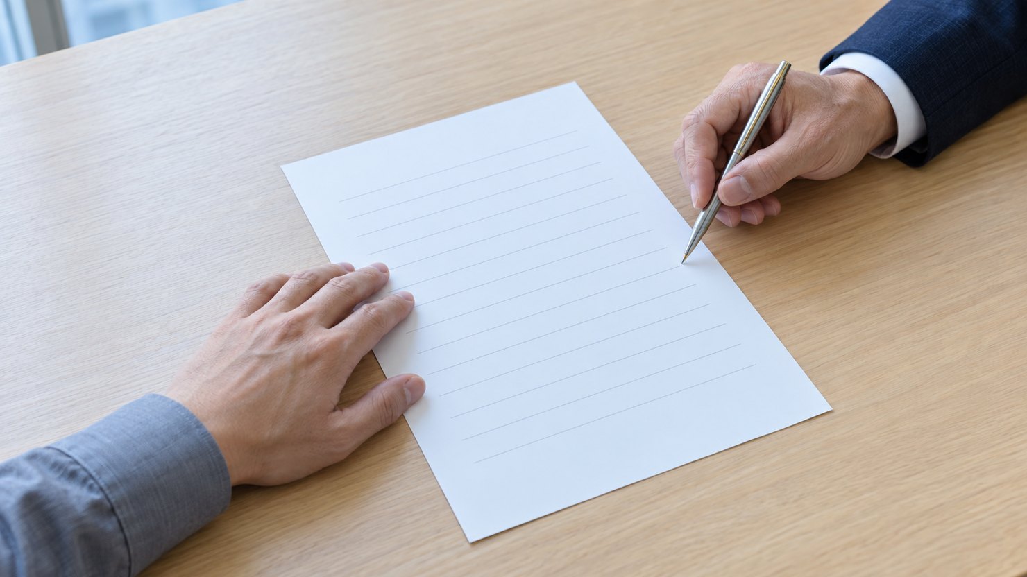 会議室の机で罫線だけの白紙の書面をペン先で指す2人の手