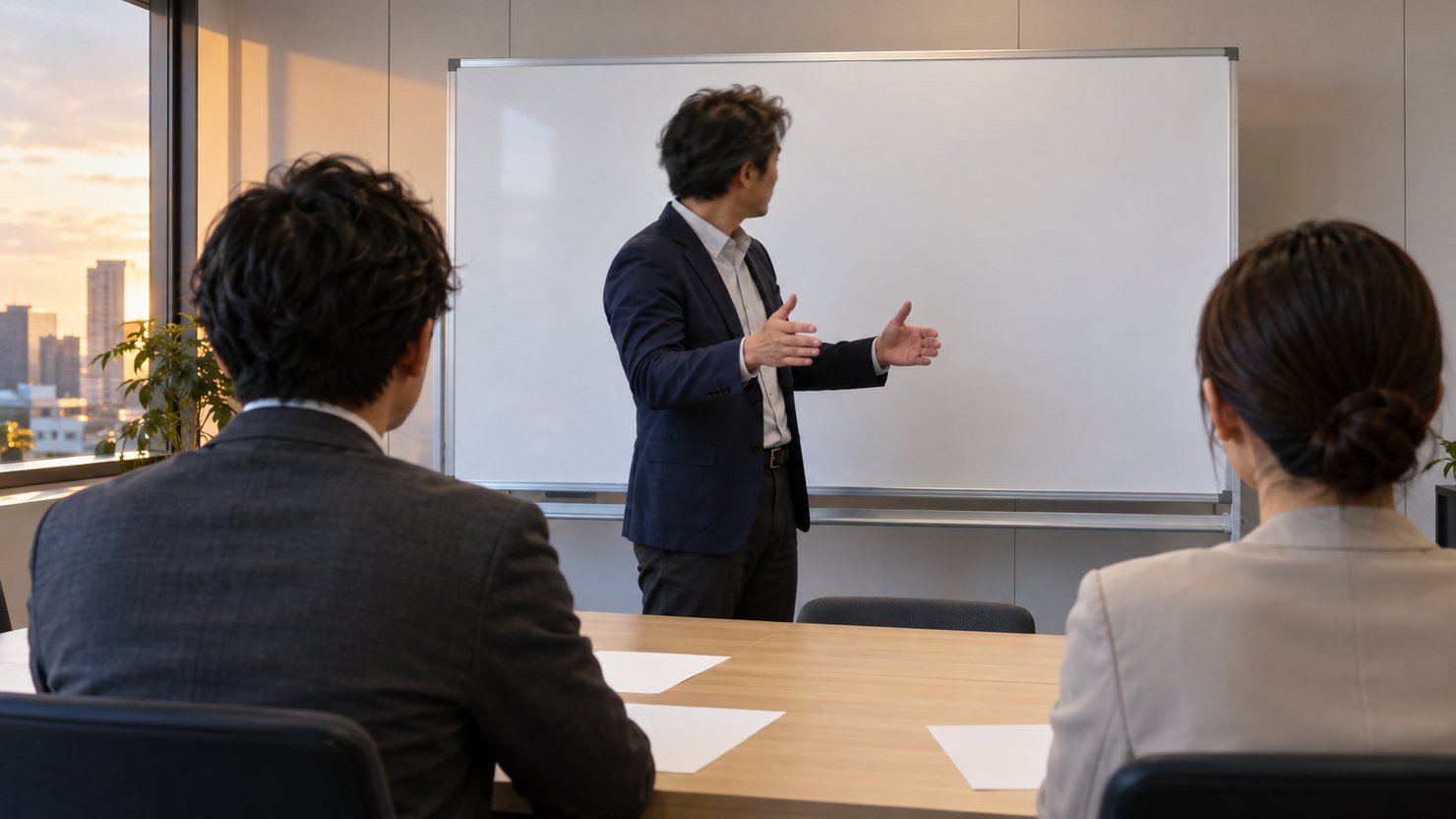 会議室で白紙のホワイトボードの前に立ち両手で範囲を示す人物と着席した2人の後ろ姿