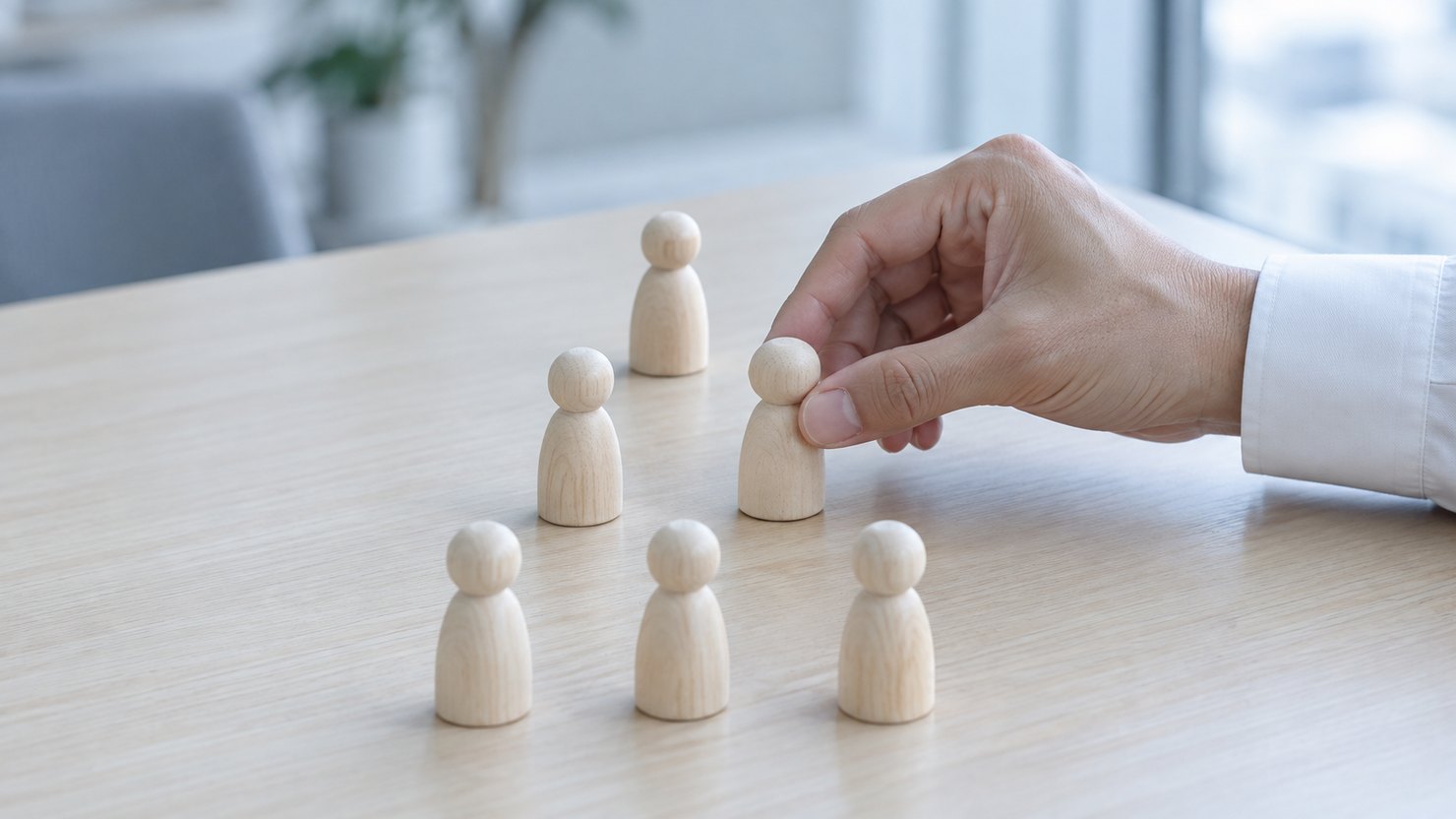 明るい机で木の人形の駒の並びに手が1つを置く場面
