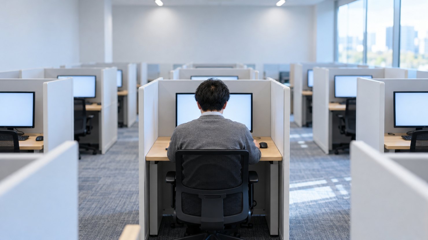 仕切られた席が並ぶ試験会場でモニターに向かう後ろ姿の受験者