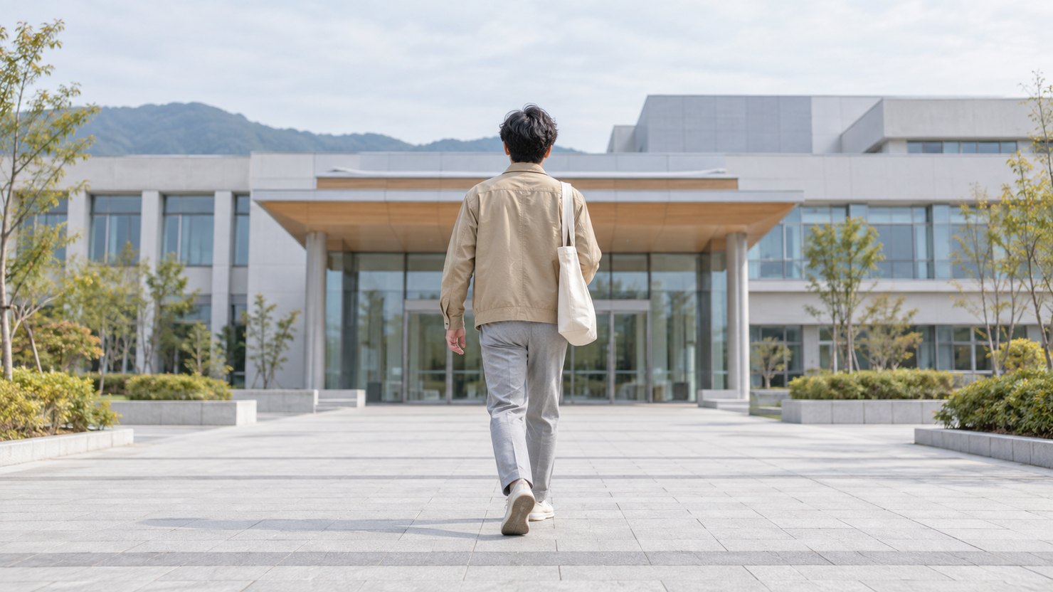 朝の庁舎のような建物へ広場を歩いて向かう後ろ姿の人物