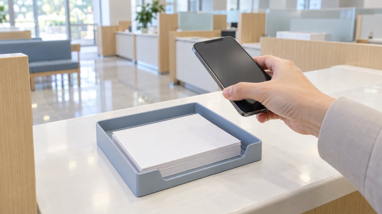 窓口のカウンターで白紙の書類のトレーの上にスマートフォンをかざす手