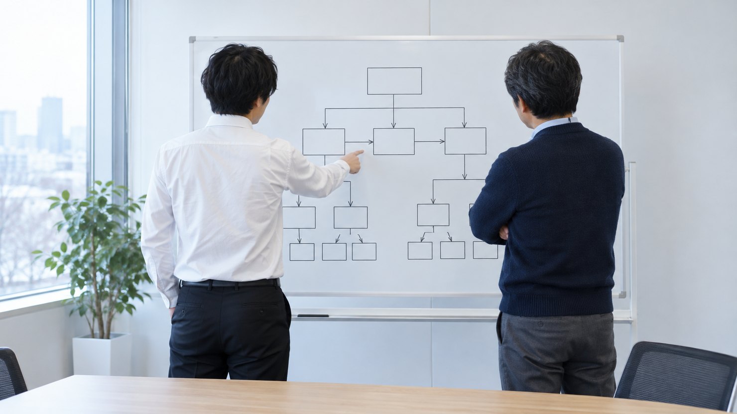 ホワイトボードの白紙の構成図を前に指さして話し合う2人の後ろ姿