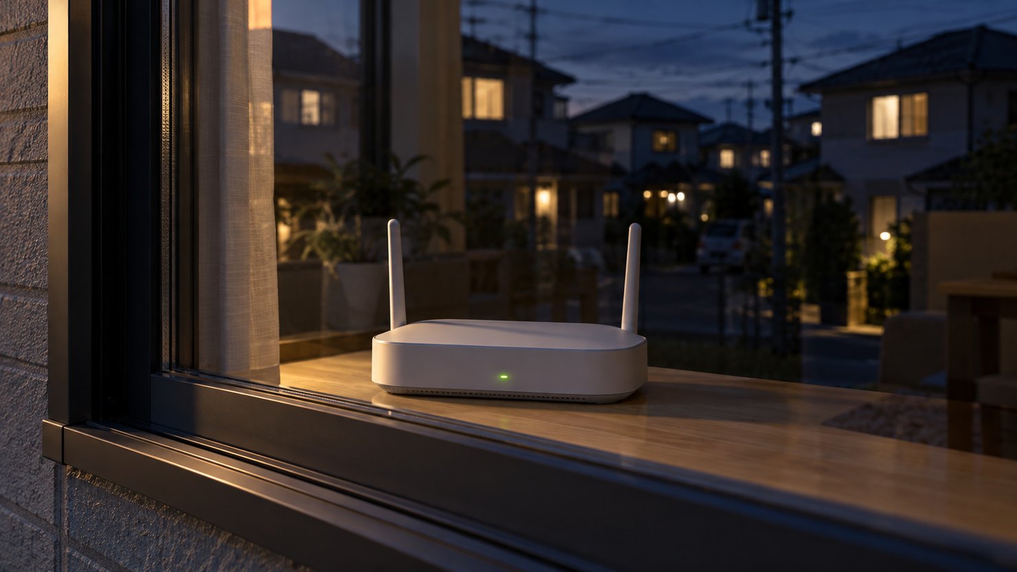 夜の住宅街を背に窓辺に置かれた無地のルーターと緑の表示灯