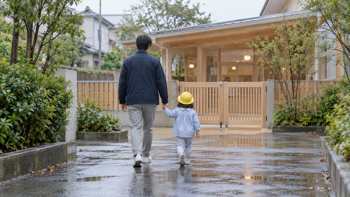 雨上がりの朝に保育園の門へ手をつないで歩く親子の後ろ姿
