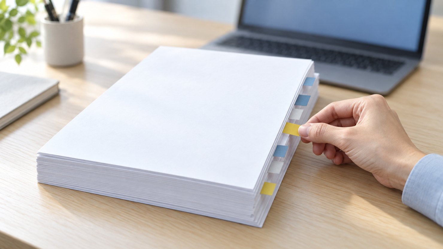 白紙の報告書の束に色付きのタブを貼る手とノートパソコン