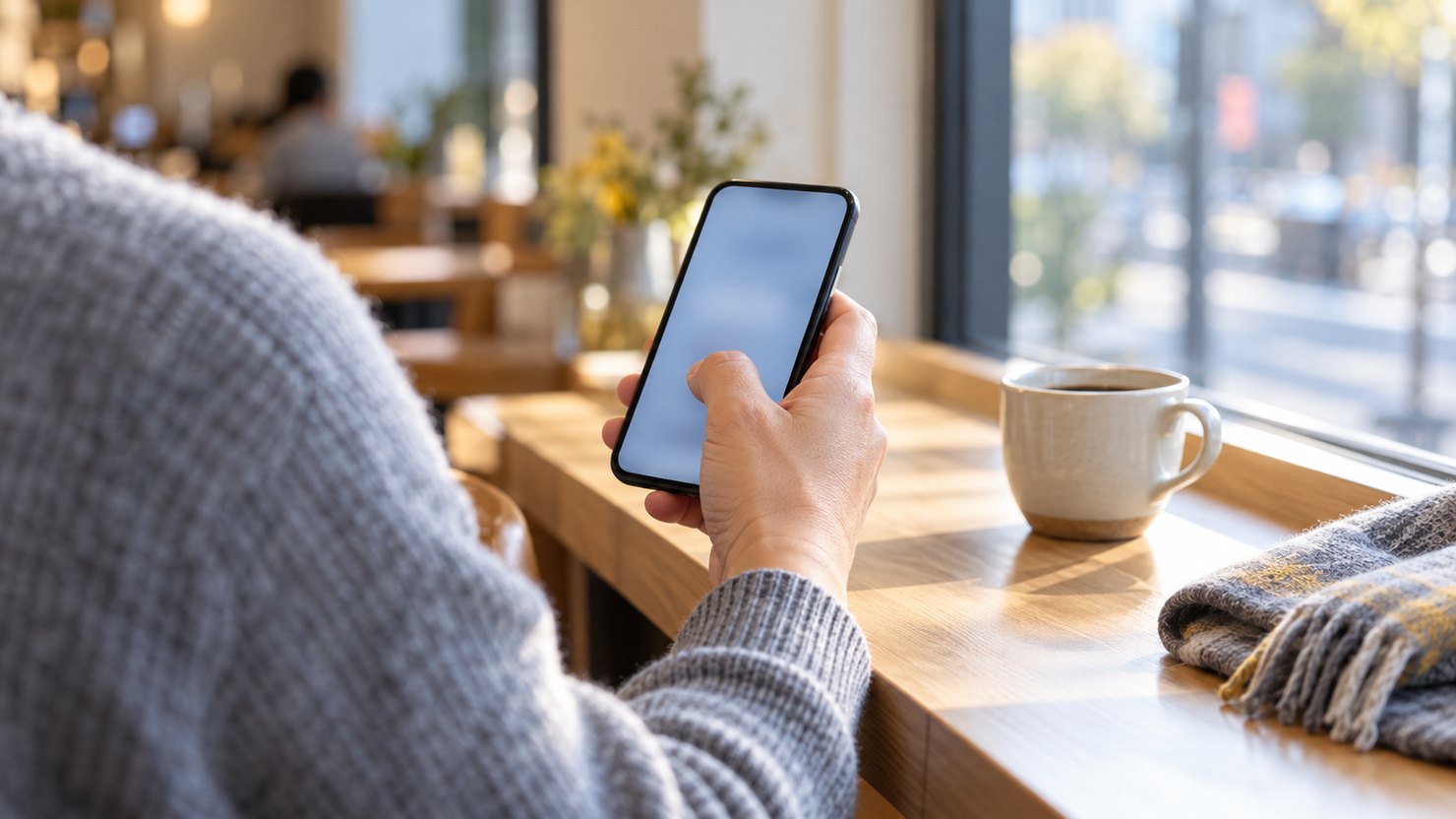 カフェの窓際でスマートフォンを操作する手とコーヒー