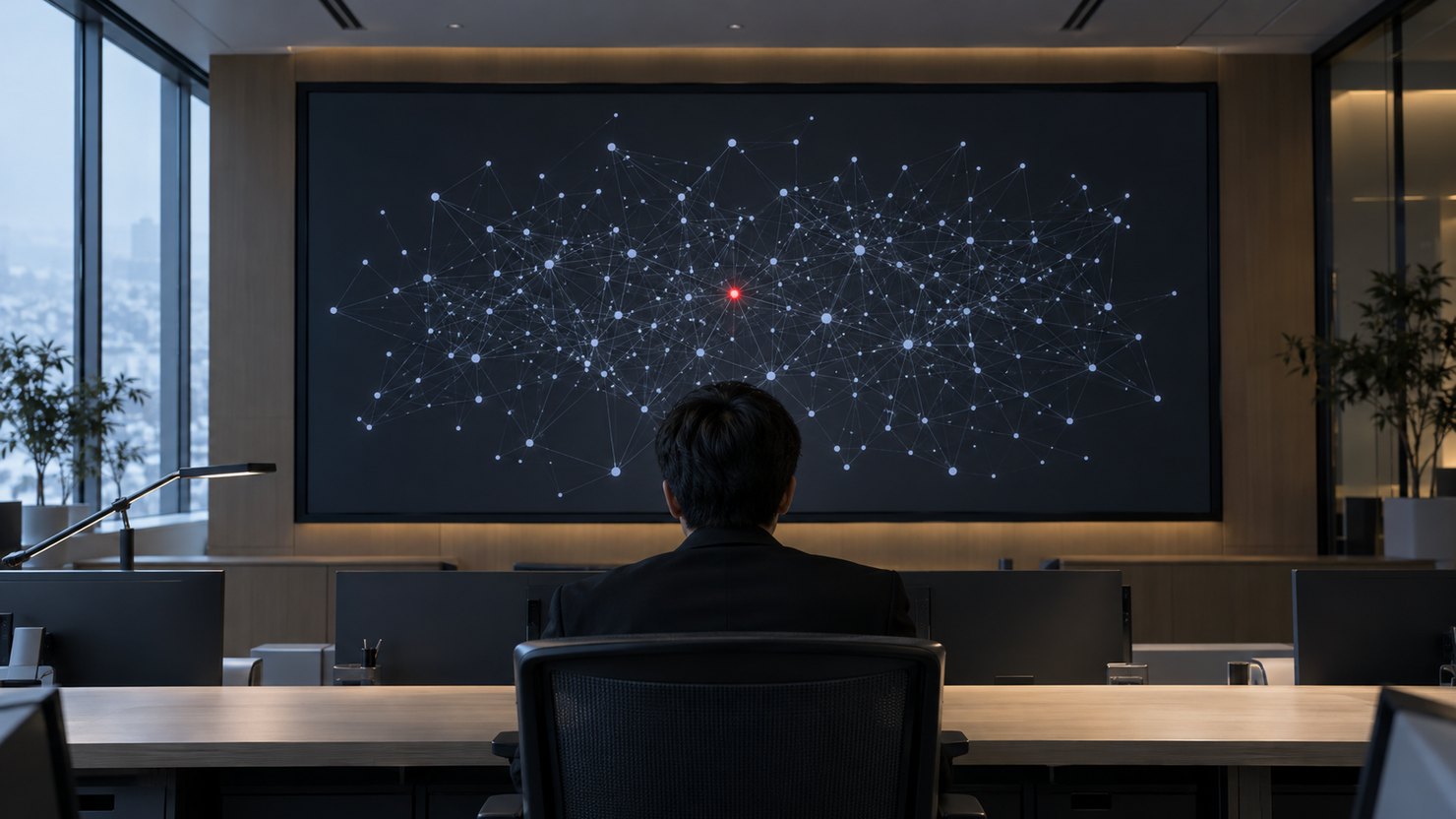 暗い部屋で点と線の網を映す大きな画面を見つめる後ろ姿