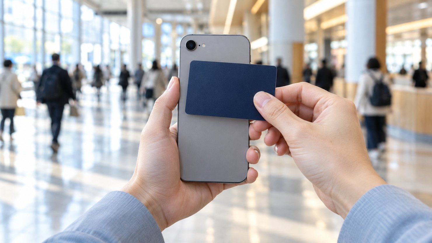 人が行き交う駅の構内でスマートフォンの背に無地のカードを重ねる手