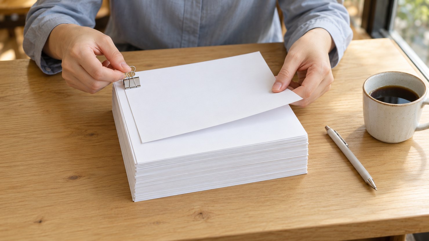カフェのテーブルで白紙の書類の束にもう1枚を重ねてクリップで留める手