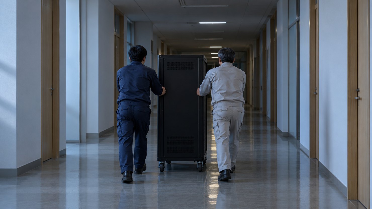 夕方の暗い廊下で黒いサーバーラックを押して運ぶ2人の後ろ姿