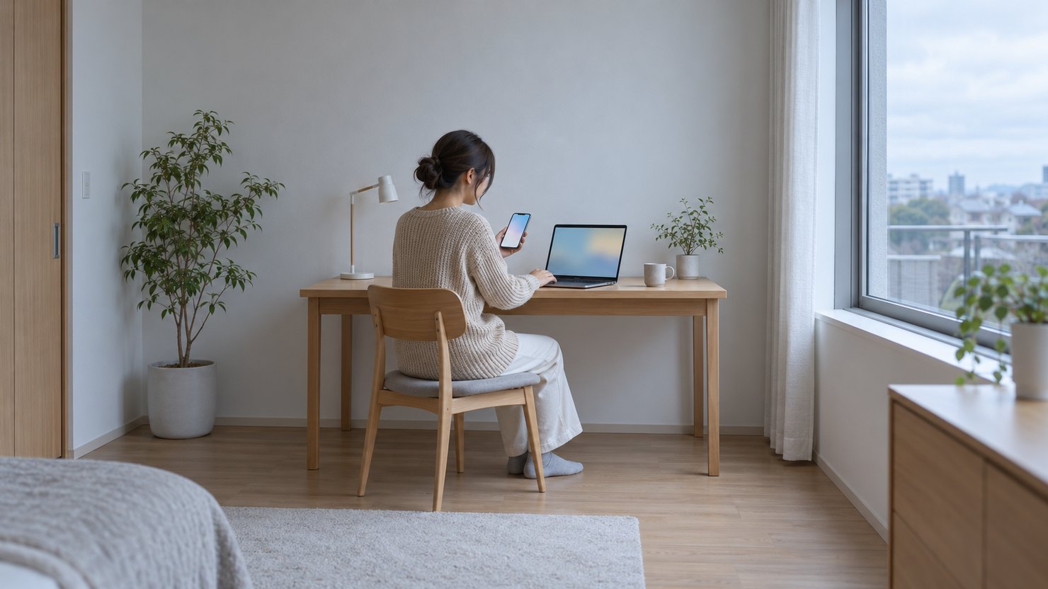 机でスマートフォンとノートPCを見比べる女性
