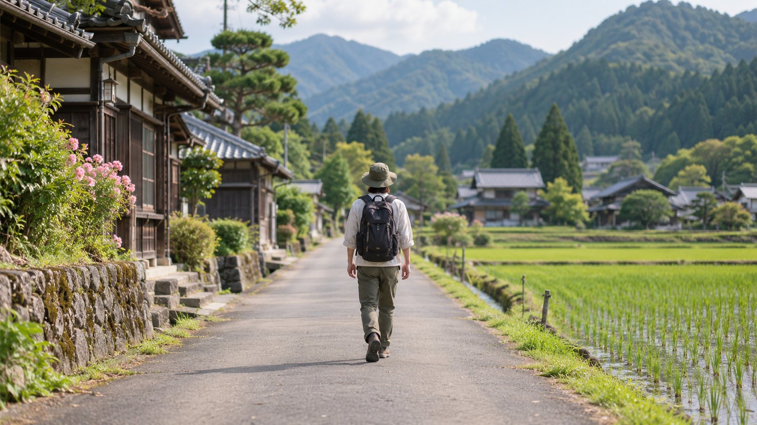 田んぼと古い家並みが続く地方の道を、リュックを背負った人が歩いている後ろ姿の写真です。住まいとは別の地域と関わる場面を表しています。