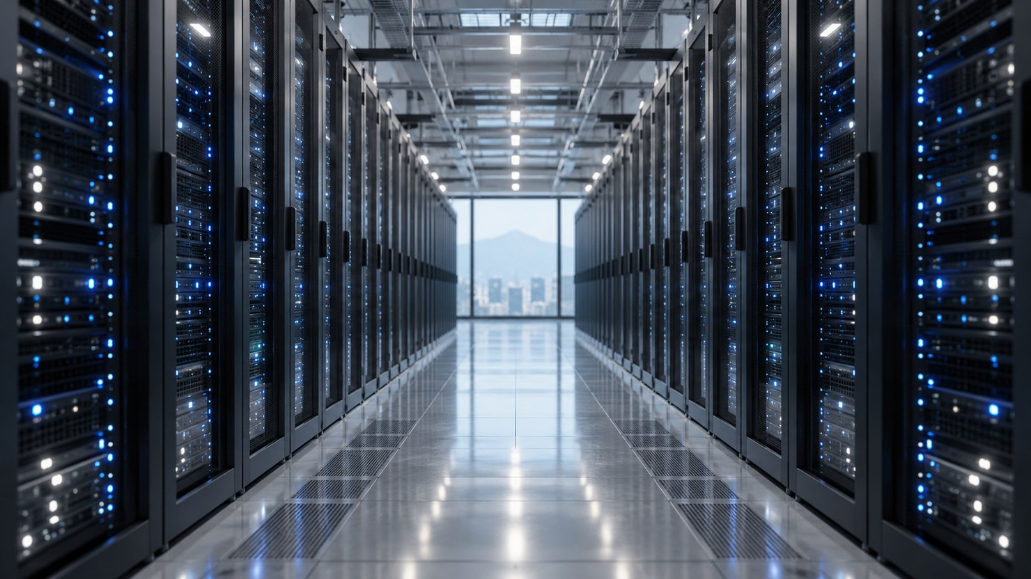 青い光が並ぶデータセンターの通路と、左右に続くサーバーラックの写真です。クラウドでデータを預かる仕組みを表しています。