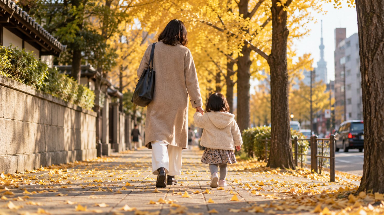 紅葉した並木道で、大人と小さな子どもが手をつないで歩く後ろ姿の写真です。子どもを保育園に通わせる家庭の日常を表しています。