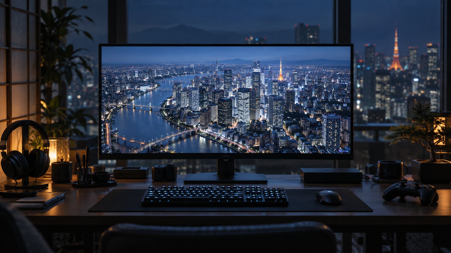 暗めの作業部屋で、大きなモニターに高層ビルが並ぶ3D都市モデルが映っている写真です。3Dの街並みを開発する場面を表しています。